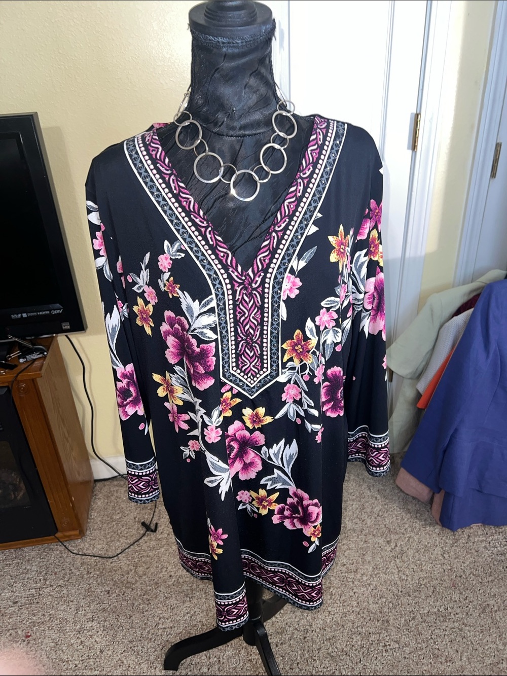 JM Collection Black Tunic with Pink Floral Print